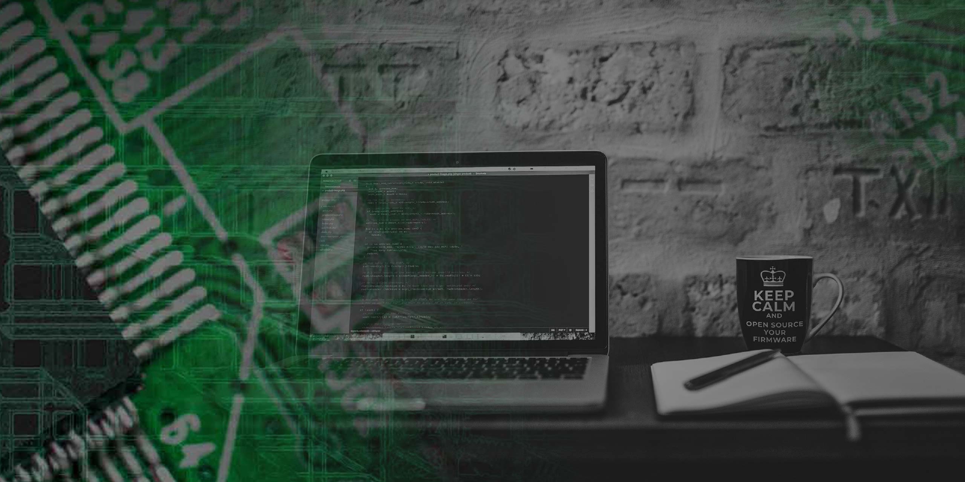 Laptop showing firmware source code with a circuit board overlay