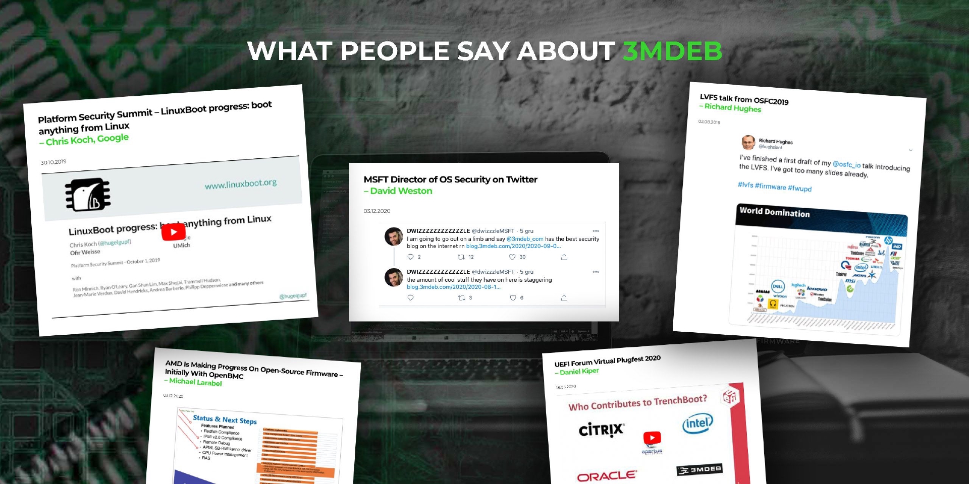 Collage of press mentions and tweets about 3mdeb's firmware work